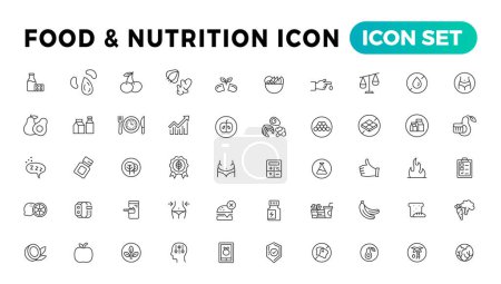 Illustration for Nutrition, Healthy food and Detox Diet Vector Icons. Contains such Icons as Metabolism, Caunt Calories, Palm oil free, Zero thans fat, Probiotics and more. Simple Outline icons set - Royalty Free Image