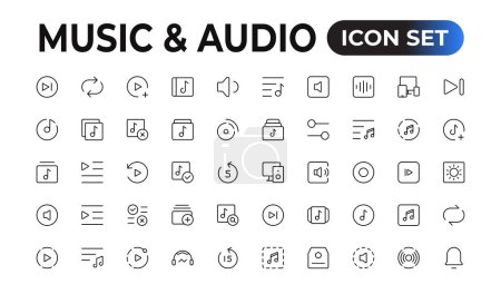 Ilustración de Música, iconos de línea delgada universales de audio establecidos sobre fondo blanco, sonido, minimalista, plano Conjunto de conjunto de iconos web de línea delgada, colección de iconos de contorno simple, iconos Pixel Perfect, ilustración vectorial simple - Imagen libre de derechos