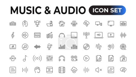 Téléchargez les illustrations : Musique, audio universel lignes minces icônes réglées sur fond blanc, son, minimaliste, plat Ensemble d'icônes web ligne mince ensemble, simple collection d'icônes contour, Pixel icônes parfaites, Illustration vectorielle simple - en licence libre de droit