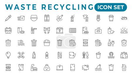 Téléchargez les illustrations : Recyclage des icônes de la ligne de déchets. Élimination des ordures. Séparation des déchets, tri des déchets avec recyclage ultérieur. - en licence libre de droit