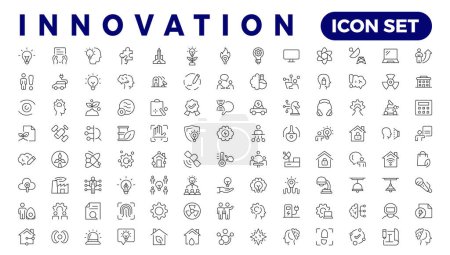 Téléchargez les illustrations : Collection d'icônes de la ligne Innovation. Technologie, créativité, remue-méninges, icônes de l'éducation. Ensemble d'icônes UI. Pack d'icônes de contour mince - en licence libre de droit