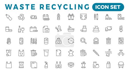 Téléchargez les illustrations : Recyclage des icônes de la ligne de déchets. Élimination des ordures. Séparation des déchets, tri des déchets avec recyclage ultérieur. - en licence libre de droit
