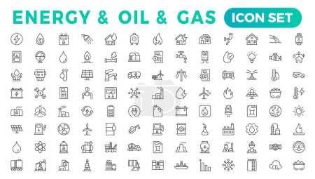 Téléchargez les illustrations : Énergie et pétrole et gaz - jeu d'icônes Web pour lignes minces. Collection d'icônes contour - en licence libre de droit