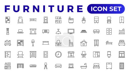 Illustration for Furniture and home interior elements - thin line web icon set. Outline icons of kitchen, living room, bedroom and office collection - Royalty Free Image