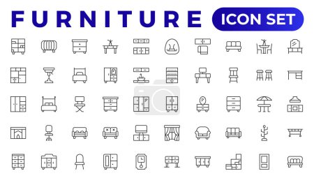 Illustration for Furniture and home interior elements - thin line web icon set. Outline icons of kitchen, living room, bedroom and office collection - Royalty Free Image