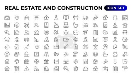 Téléchargez les illustrations : Ensemble d'icônes Immobilier et construction. Inclus les icônes comme immobilier, propriété, prêt à domicile et plus encore. Collection d'icônes contour - en licence libre de droit