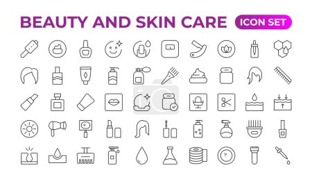 Flatline-Icons für die Hautpflege gesetzt. Feuchtigkeitscreme, Anti-Age-Lifting-Gesichtsmaske, SPF-Zahnweiß-Gel. Umrisse von Schildern für kosmetische Produktverpackungen. Hautpflege-Symbol Enthält lineare Konturen wie Akne