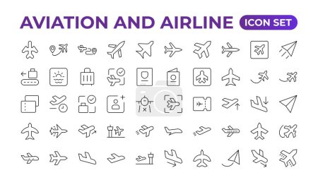 Flugzeug-Ikonensammlung. Flugzeugvektor. Symbol für den Flugverkehr. Reisekonzept. Set des Vektorliniensymbols. Es enthält Symbole von Flugzeugen, Kreditkarten, Geldbörsen, Dollars, Geldkugeln. Symbolumrisse gesetzt.