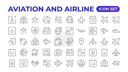 Plane icon collection. Airplane vector. Flight transport symbol. Travel concept.Set of Vector Line icon. It contains symbols of aircraft, Credit Cards, Wallets, Dollars, Money globe. Outline icon set.