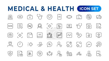 Health and Medical linear icons such as Scalpel, Saline, Optometrist, Otoscope, Patch, and Pregnancy test line icons.Medecine flat icons. Collection of health care medical signs. Outline icon set.