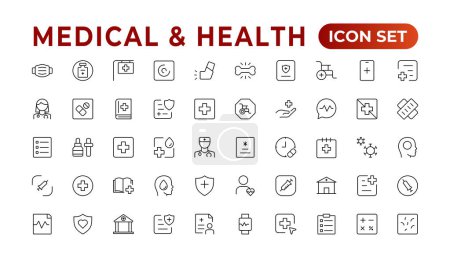 Health and Medical linear icons such as Scalpel, Saline, Optometrist, Otoscope, Patch, and Pregnancy test line icons.Medecine flat icons. Collection of health care medical signs. Outline icon set.