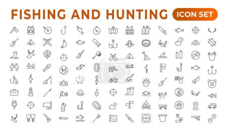 Hunting and fishing icon set.Hunting and fishing line icons collection. Big UI icon set in a flat design. Thin outline icons pack. Mushrooming, Fishing, and Hunting. Outline icon set.