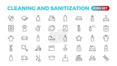 Iconos de línea de limpieza. Iconos de lavandería, esponja de ventana y aspiradora. Lavadora, servicio de limpieza y equipo de limpieza de limpieza. Limpieza de ventanas, Limpiar, Lavadora de ropa.
