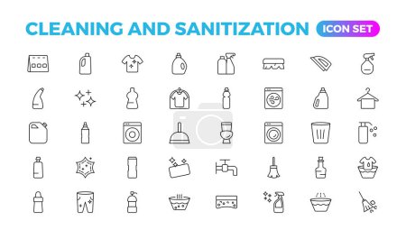 Reinigungslinien-Symbole. Wäscherei, Fensterschwamm und Staubsauger-Symbole. Waschmaschine, Reinigungsservice und Reinigungsgeräte für Hausmädchen. Fensterputzen, Abwischen, Waschmaschine.