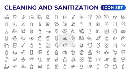 Reinigungslinien-Symbole. Wäscherei, Fensterschwamm und Staubsauger-Symbole. Waschmaschine, Reinigungsservice und Reinigungsgeräte für Hausmädchen. Fensterputzen, Abwischen, Waschmaschine.
