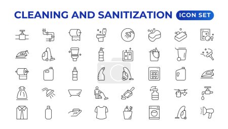 Iconos de línea de limpieza. Iconos de lavandería, esponja de ventana y aspiradora. Lavadora, servicio de limpieza y equipo de limpieza de limpieza. Limpieza de ventanas, Limpiar, Lavadora de ropa.
