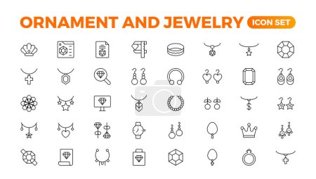 Illustration for Ornament & Jewelry icon set . Simple Set of Jewelry Related Vector Line Icons. Contains such Icons as Earrings, Body Crosses, and Engagement rings. Outline icon collection. - Royalty Free Image