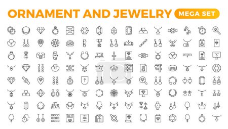 Adorno & Juego de iconos de joyería. Set simple de joyas relacionadas con los iconos de la línea vectorial. Contiene iconos como pendientes, cruces corporales y anillos de compromiso. Esquema colección de iconos.
