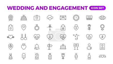 Simple Set of Minimal Wedding Related Vector Line Icons. The wedding outline icon set includes thin line rose, candle, marriage, bouquet, groom, tent, dove icons for report, presentation, and diagram.