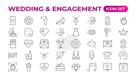 Ensemble simple d'icônes de ligne vectorielle liées au mariage minimal. Le jeu d'icônes de contour de mariage comprend une rose fine, une bougie, un mariage, un bouquet, un marié, une tente, des icônes de colombe pour le rapport, la présentation et le diagramme.
