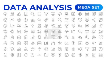 Illustration for Data analytics icon set. Big data analysis technology symbol. Containing database,computing and network icons. Solid icons vector collection.Data line Analytics, AI, hosting, monitoring. outline icon - Royalty Free Image