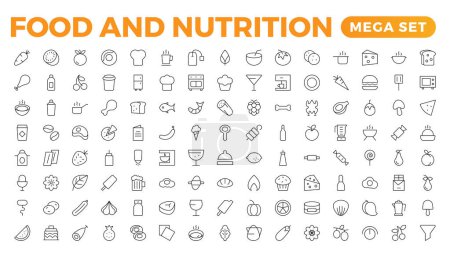Colección de iconos de línea Frutas y Nutrición. Icono de interfaz de usuario grande en un diseño plano. Envase de iconos delgados. Ilustración vectorial. Conjunto de iconos de frutas y verduras. Ilustración de vectores de alimentos.Conjunto de iconos.