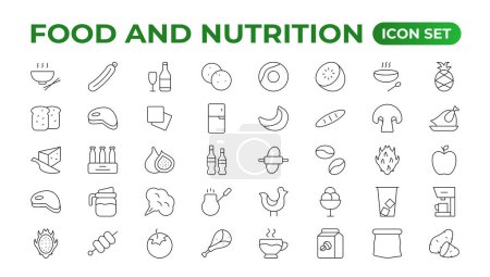 Fruits and Nutrition line icons collection. Big UI icon set in a flat design. Thin outline icons pack. Vector illustration. Fruits and vegetables icons set. Food vector illustration.Outline icon set.