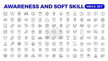 Set of self awareness icons. Thin linear style icons Pack.Vector Illustration.Volunteering set. Outline set volunteering vector icon. Soft skills icon Containing communication, empathy, assertiveness.