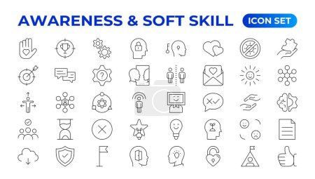 Set of self awareness icons. Thin linear style icons Pack.Vector Illustration.Volunteering set. Outline set volunteering vector icon. Soft skills icon Containing communication, empathy, assertiveness.