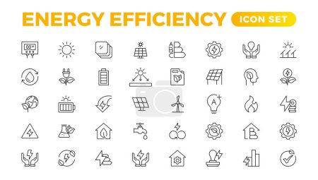 Ensemble d'icônes d'efficacité énergétique. Calculatrice, ampoule à économie d'énergie, tirelire, panneau solaire, économie circulaire, batterie, isolation de la maison, illustration vectorielle de classe énergétique