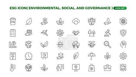 ESG Icon Set, Environmental, Social und Governance Line Icon. ESG Outline Icons mit editierbarer Stroke Collection. Inklusive Nachhaltigkeit, Sonnenkollektoren, Recycling, Green City, Vektorillustration.