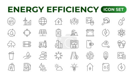 Ensemble d'icônes d'efficacité énergétique. Calculatrice, ampoule à économie d'énergie, tirelire, panneau solaire, économie circulaire, batterie, isolation de la maison, illustration vectorielle de classe énergétique