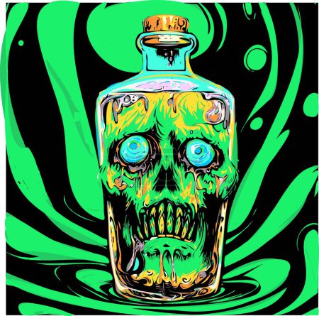 Téléchargez les illustrations : Une bouteille d'absinthe avec un crâne à l'intérieur. style zombie acide. - en licence libre de droit