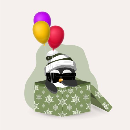 Photo for Cute Penguin Wearing Glasses Pop Up from Gift Box Holding Balloons - Royalty Free Image