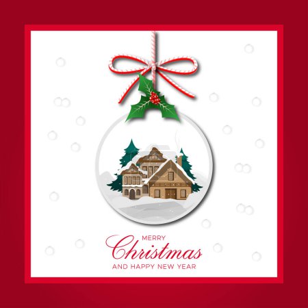 Ilustración de Tarjeta de felicitación de Navidad con la casa ini bola de cristal - Imagen libre de derechos