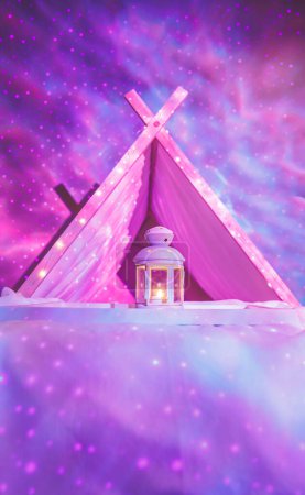Photo for Girls birthday party sleepover with enchanted indoor tent lanterns and light projector decorations - Royalty Free Image