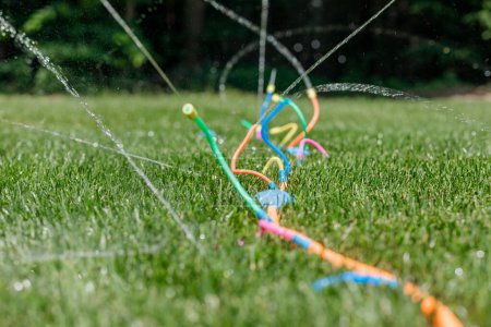 Photo for Kids sprinkler spraying water on green grass in summer yard on hot humid day - Royalty Free Image