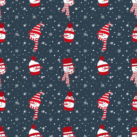 Illustration for Christmas background. Seamless winter pattern with snowmen heads and snowflakes. Vector illustration on dark blue background - Royalty Free Image