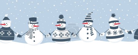 muñecos de nieve se regocijan en las vacaciones de invierno. Frontera sin fisuras. Fondo de Navidad. diferentes muñecos de nieve en ropa azul de invierno tomados de la mano. Ilustración vectorial