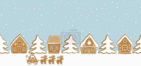 Gingerbread village. Christmas background. Seamless border. There are gingerbread houses and fir trees on light blue background. Santa Claus is riding on deer. Vector illustration