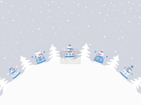 Weihnachtlicher Hintergrund. Schneemänner freuen sich in den Winterferien. Fünf verschiedene Schneemänner in blauer Winterkleidung und Tannenbäume unter Schnee. Vorlage für Grußkarte. Vektorillustration