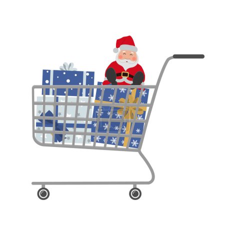 Shopping cart with Christmas gifts and Santa Claus toy. Vector illustration on white background