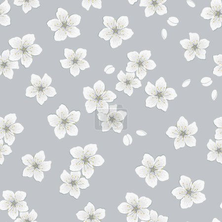 Illustration for Seamless pattern with flowers of cherry. white flowers and buds on gray background. Spring floral print. Vector illustration - Royalty Free Image