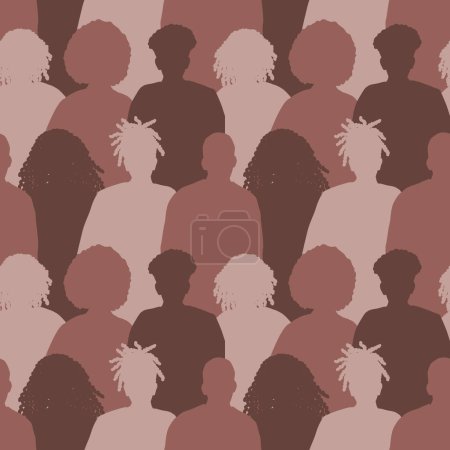 Téléchargez les illustrations : Seamless background with black men and black women. Brown silhouettes of different people. Diverse group of people. Pattern with black people. Vector illustration - en licence libre de droit