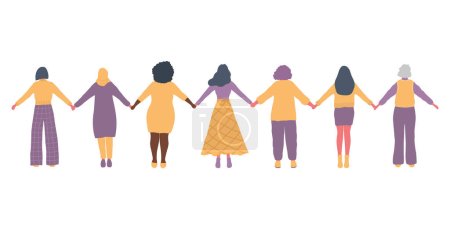 Women are holding hands. Back view. International Women's Day concept. Women's community. Female solidarity. Vector illustration