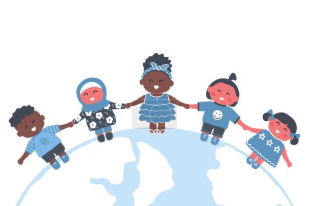 Téléchargez les illustrations : Des enfants se tiennent sur le globe. Groupe multiculturel d'enfants se tenant la main. Bébés filles et garçons heureux. Illustration vectorielle - en licence libre de droit