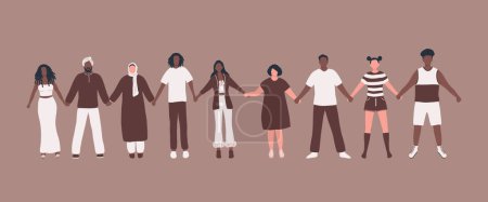 Multikulturelle Gruppe von Menschen. Menschen, die sich die Hände reichen. Gemeinsam stärker. Solidarität verschiedener Männer und Frauen. Menschliche Silhouetten. Vektorillustration