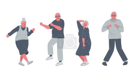 Dancing older people. Cheerful retirees. Old men and old women rejoice and dance. Positive elderly people. Vector illustration