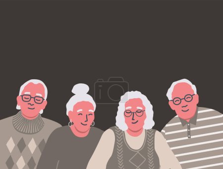 Ältere Männer und ältere Frauen stehen zusammen. Gemeinschaft älterer Menschen. Vektorillustration
