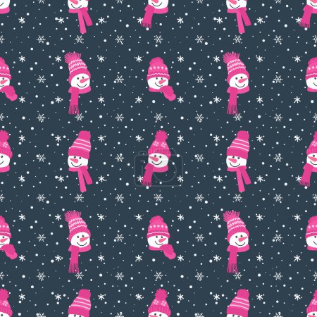 Téléchargez les illustrations : Fond de Noël. Modèle d'hiver sans couture avec des têtes de bonhommes de neige drôles et des flocons de neige. Illustration vectorielle sur fond bleu foncé - en licence libre de droit